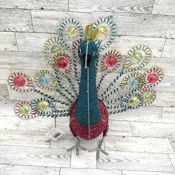 NWT BeadWorx Grass Roots Wired Colored Glass 13" Beaded Peacock Figurine - Picture 1 of 10